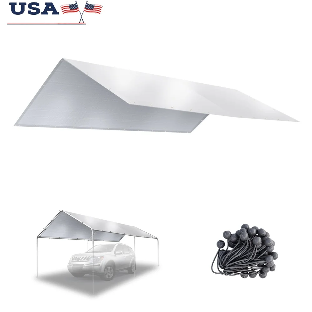 10x20ft Waterproof Carport Canopy Replacement Cover with Bungee Fasteners UV Protection Durable Tear Resistant Outdoor Use