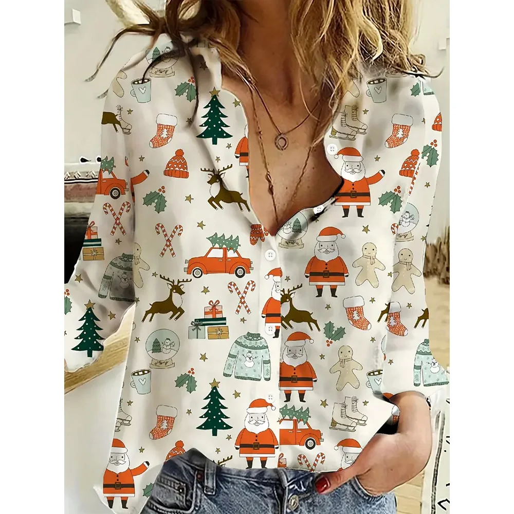 Fashion New Women\'s Long Sleeve Shirts Versatile 3d Christmas Tree Printed Single-Breasted Tops Summer Spring Basic Oversized