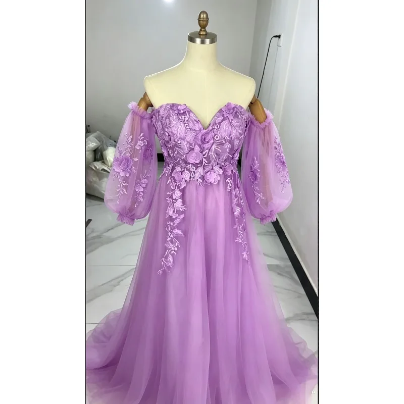 Fairy A‑Line Tulle Wedding Dress Off Shoulder 3D Floral Embroidery Detachable Sleeves Bridesmaid Evening Gown With Small Train