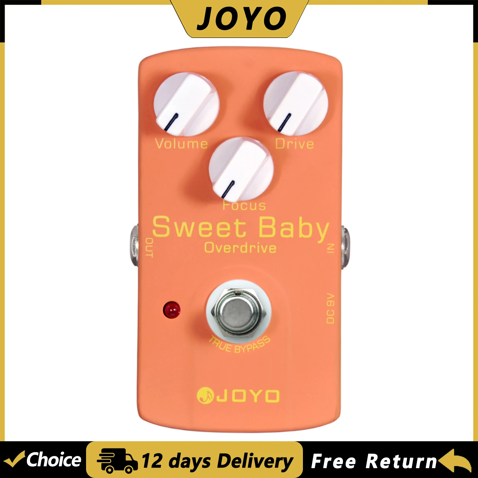 Pedal de Efeito para Guitarra JOYO JF-36 SWEET BABY Overdrive de Baixo Ganho com Botões de Volume/Drive/Focus True Bypass