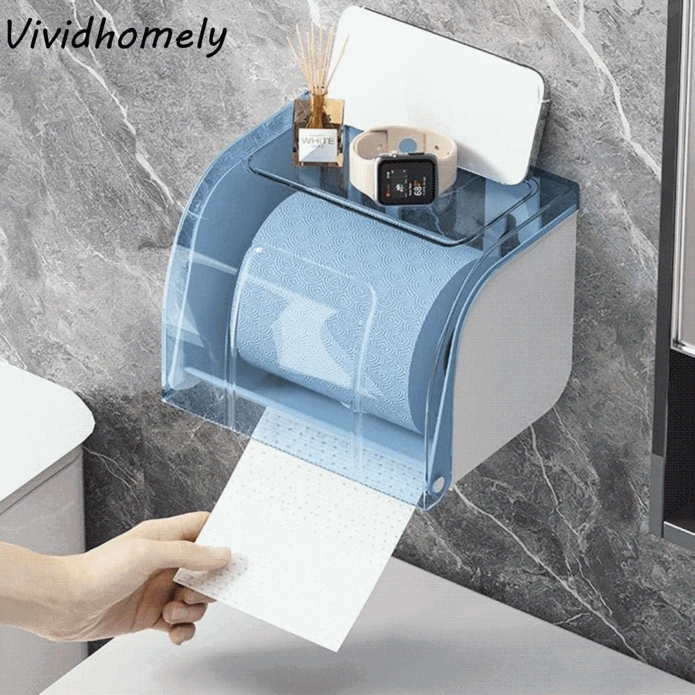 Waterproof Toilet Paper Holder Self Adhesive Strong Bearing Capacity Bathroom Tissue Box Flat Top Widen Paper Outlet