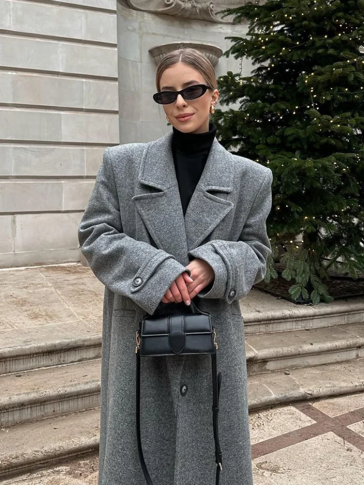 Chic Grey Padded Shoulder Overcoat For Women Classic Lapel Single Breasted Full Sleeve Coat 2024 New Female Fashion Long Jackets