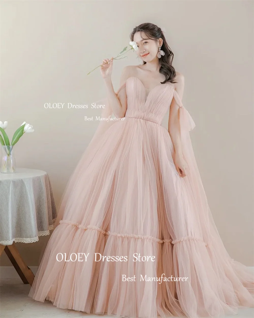 OLOEY-Vestidos de Noche de tul sedoso para sesión de fotos de boda, elegante vestido de fiesta de graduación con escote Corazón, Corea, Japón, hasta el suelo, corsé de tren de barrido