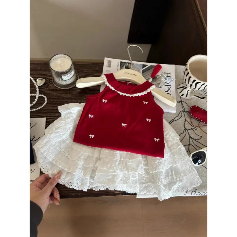 

Children's Outfit Skirt New Summer Girls Baby Lace Strap Dress Vest Top Half Skirt Stylish Two-Piece Set