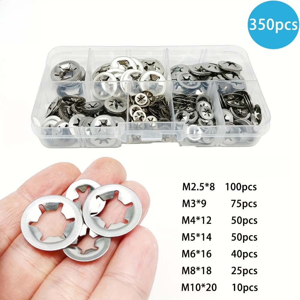 

304 Stainless Steel Bearing Clamp Retaining Ring Plum Blossom Gasket Bearing Clamp Washer 350 Pieces M2.5 M3 M4 M5 M6 M8 M10