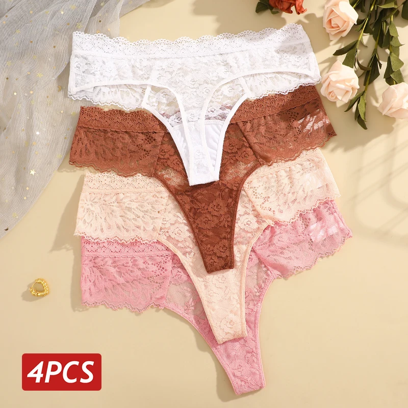 4PCS/Set Women Sexy Lace Panties Hollow G-String Thongs Low Rise Sexy Lignerie Female Underwear Solid Color Breathable Lingerie