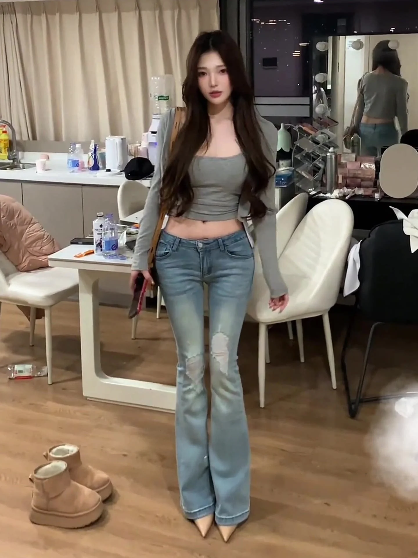 

Low Waist Bell Bot Denim Jeans Women's Design Slimming Long Pants Casual Cotton Stretch Fabric Spring Faion Trend