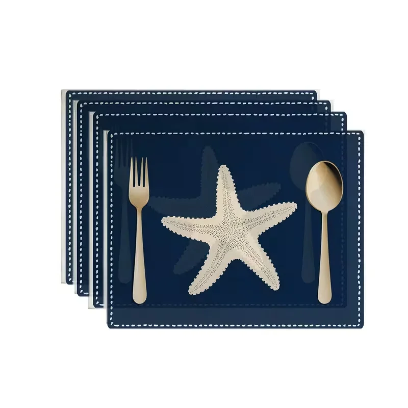 Striped Background Hand Drawn Starfish Shell Placemats Coastal Farmhouse Table Mats Marine Pattern Pads Table Ornament