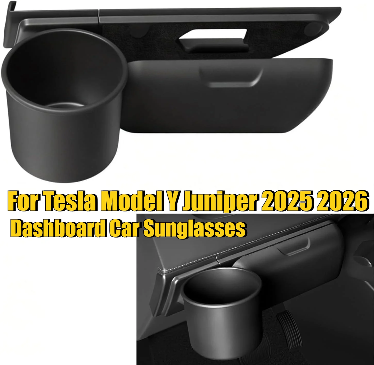 Dashboard Car Sunglasses Case for Tesla Model Y/YL Juniper 2025 2026 Water Cup Holder 2-in-1 Beverage Cup Tray Storage Organizer