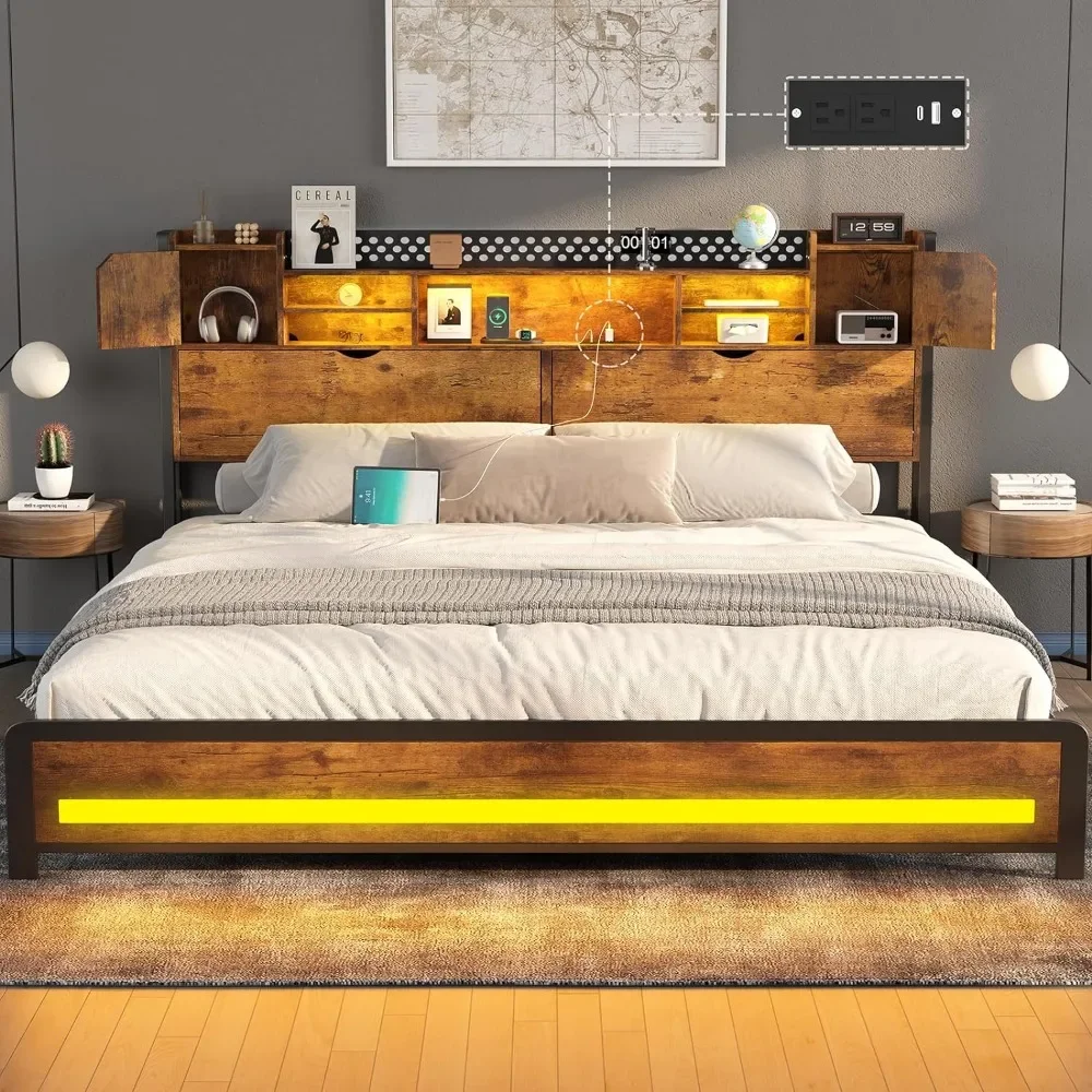 

King Size Bed Frame and Storage Headboard, LED Bed Frame with USB Charging Station, Metal Platform with Hidden Storage Space