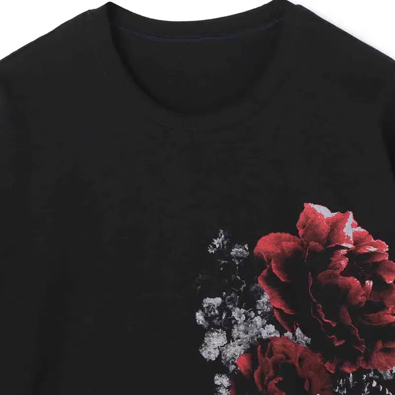 YAMAMOTO-Style T-shirt,HighQuality Dark Theme"Red Forest Flowers" Pattern Printed