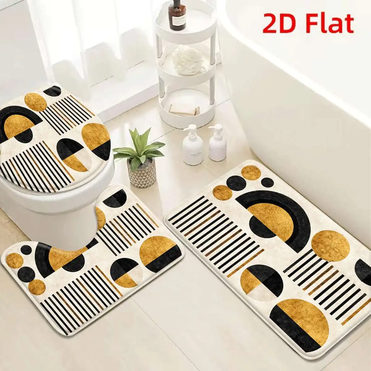 

3Pcs Cream Black Gold Geometric Bath Mat Non Slip Absorbent Toilet Rug with Lid Cover for Bathroom Washable Flannel