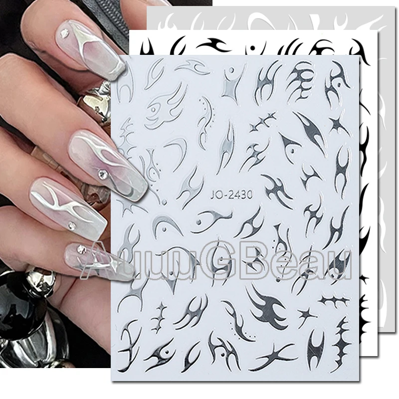 

Nail Art 3d Back Glue Stickers Black Silver White Irregular Flames French Tips Nail Decals Decoration Salon Beauty