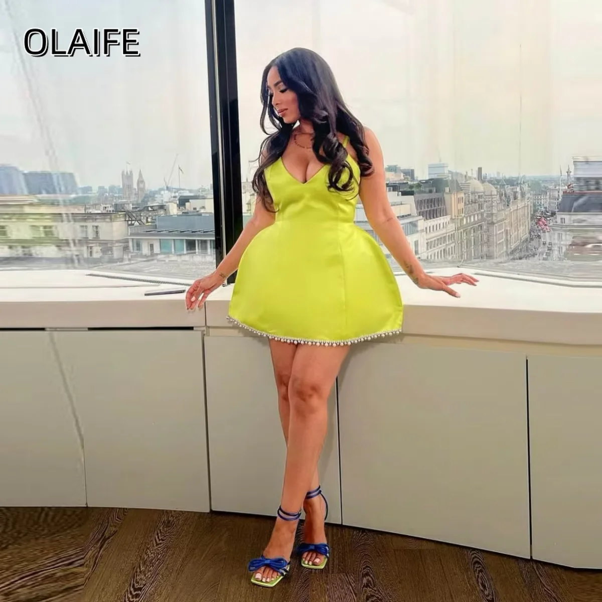 

A-Line Cocktail Dress Spaghetti Straps Beading Pearls Satin Customized Party Dresses Mini Length Sleeveless vestidos de festa