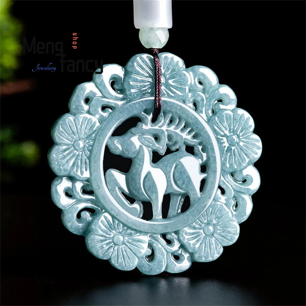 

Natural A-grade Jadeite Blue Water With You All the Way Deer Brand Jade Pendant Ethnic Style Couple Fashion Jewelry Holiday Gift