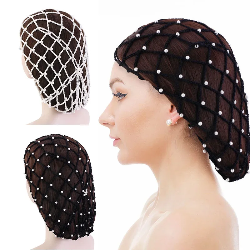 Inlaid white pearl Hair Net Long Pattern Cotton Wig Weaving Cap Mesh Base Machine Made with Hair Net for Women\'s Sleeping