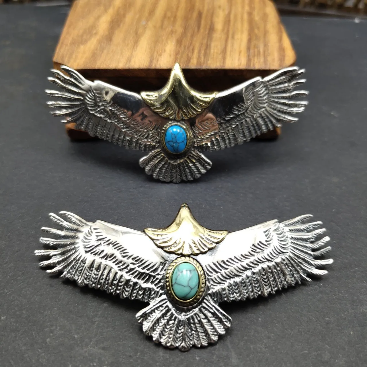 

Japanese s925 sterling silver eagle pendant vintage Thai silver distressed trendy turquoise eagle pendant