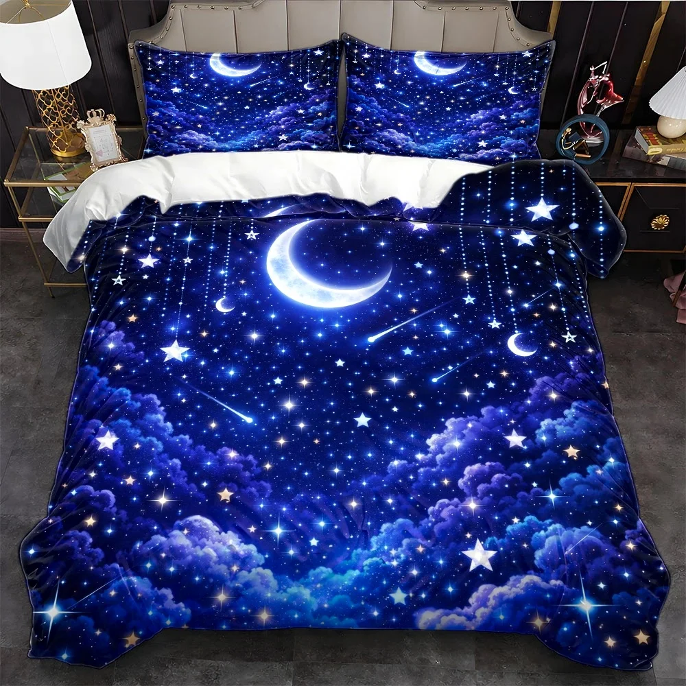 3Pc Dreamy Starry Sky and Moon Bedding Set, 1*Quilt Cover + 2*Pillowcases, Quilt Cover Set, Suitable for All Seasons, Machine Washable, Hidden Zipper Design, Large Double Bed Cover, Suitable for Home, Dormitory, Master Bedroom, Guest Room, Romantic Nebula Pattern, Soft and Skin-Friendly Bedding, Hot-Selling Sleep Set, Beautiful Night Sky Print Quilt Cover, Comfortable and Breathable Bedding Set, 2D Flat Print