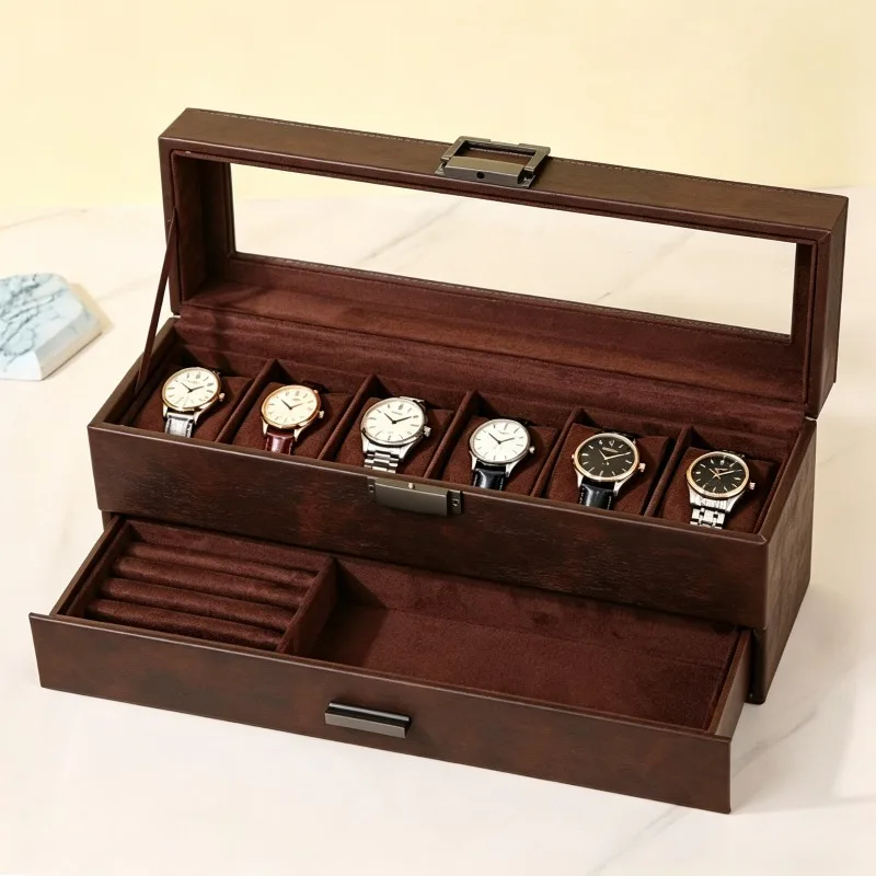 Retro Jewelry Storage Box Leather 6 Slots Watch Display Boxes 2 Layer Ring Packaging Case Luxury Bracelet Earring Organizer Case