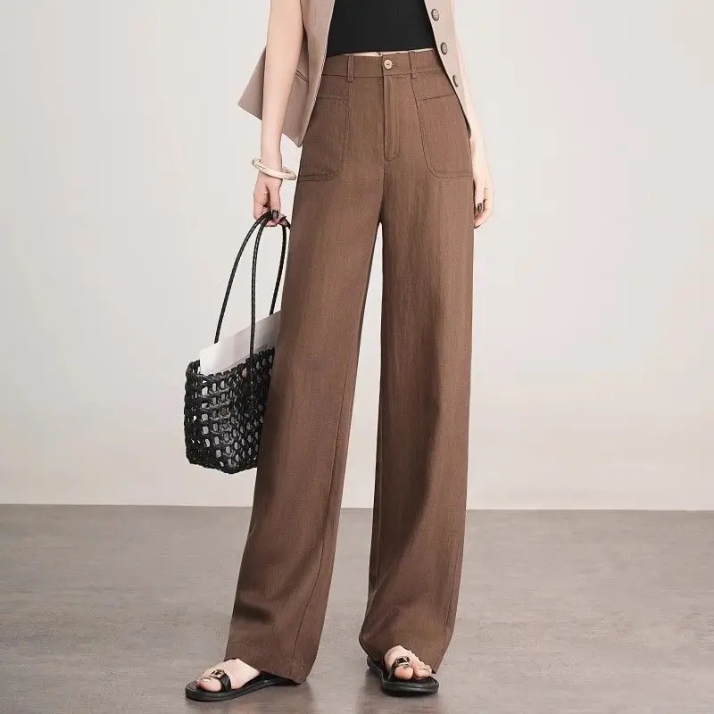 Lniane spodnie damskie z wąskimi prostymi nogawkami, luźne, z wysokim stanem, na lato, codzienne, szerokie, krótkie spodnie.