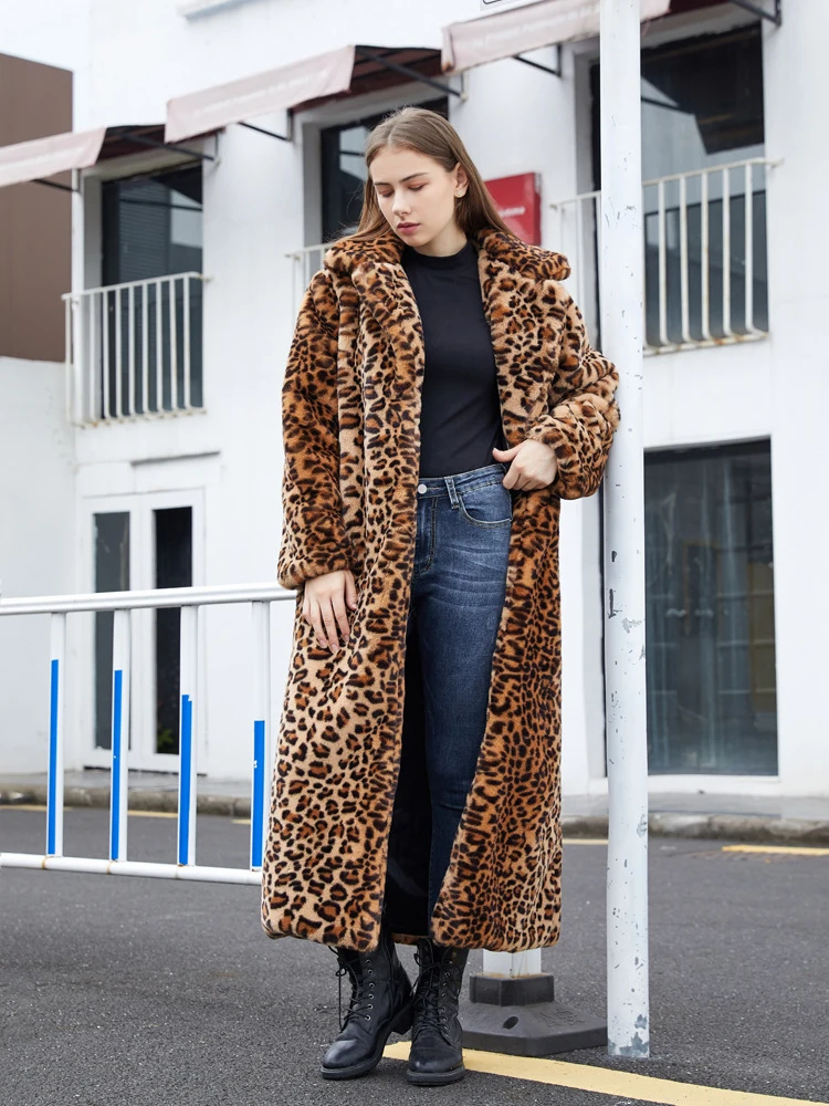 ZADORIN-abrigo largo de piel sintética para mujer, chaqueta mullida con estampado de leopardo, gabardina de piel de conejo de imitación, chaquetas de felpa, Invierno