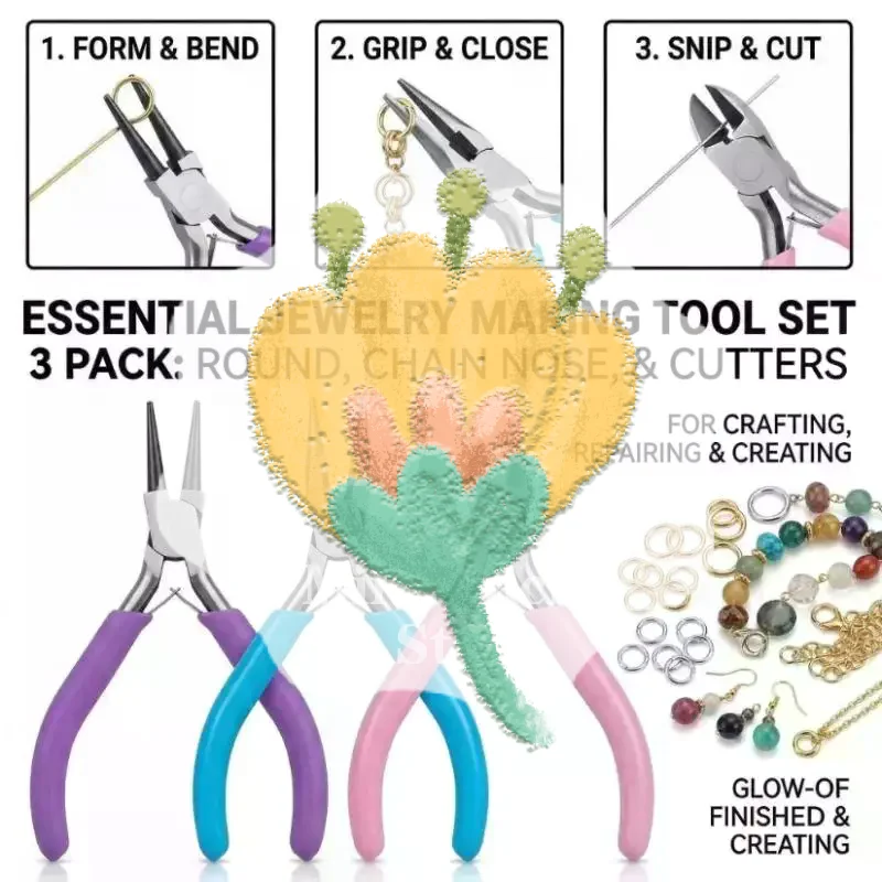 Jewelry Making Plier Tool Set Rust-Proof Stainless Steel Non-Slip Handles for DIY Jewelry Repair Craft Projects