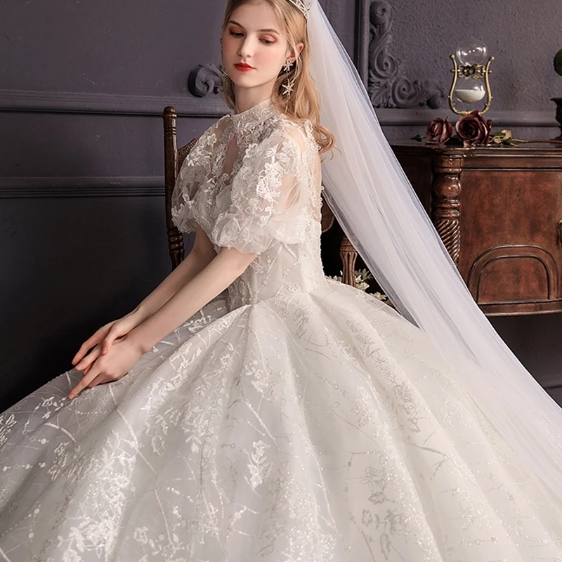 O-collo manica corta aperto indietro perline fiori lucido splendido abito da ballo abito da sposa di lusso Vestido De Noiva Princesa