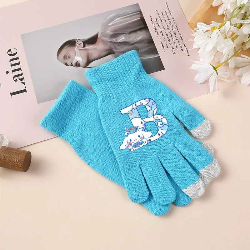 Sanrio Children's Knitted Five Finger Gloves Letter Printing Winter Warmth Cartoon Anime Touchscreen Mittens Fashion Kids Gifts