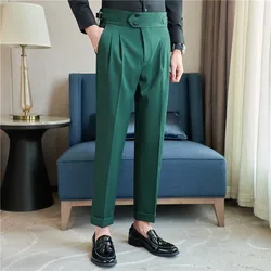 Calça masculina de cintura alta, calça casual reta de escritório, social e de casamento, roupa de noivo, moda coreana