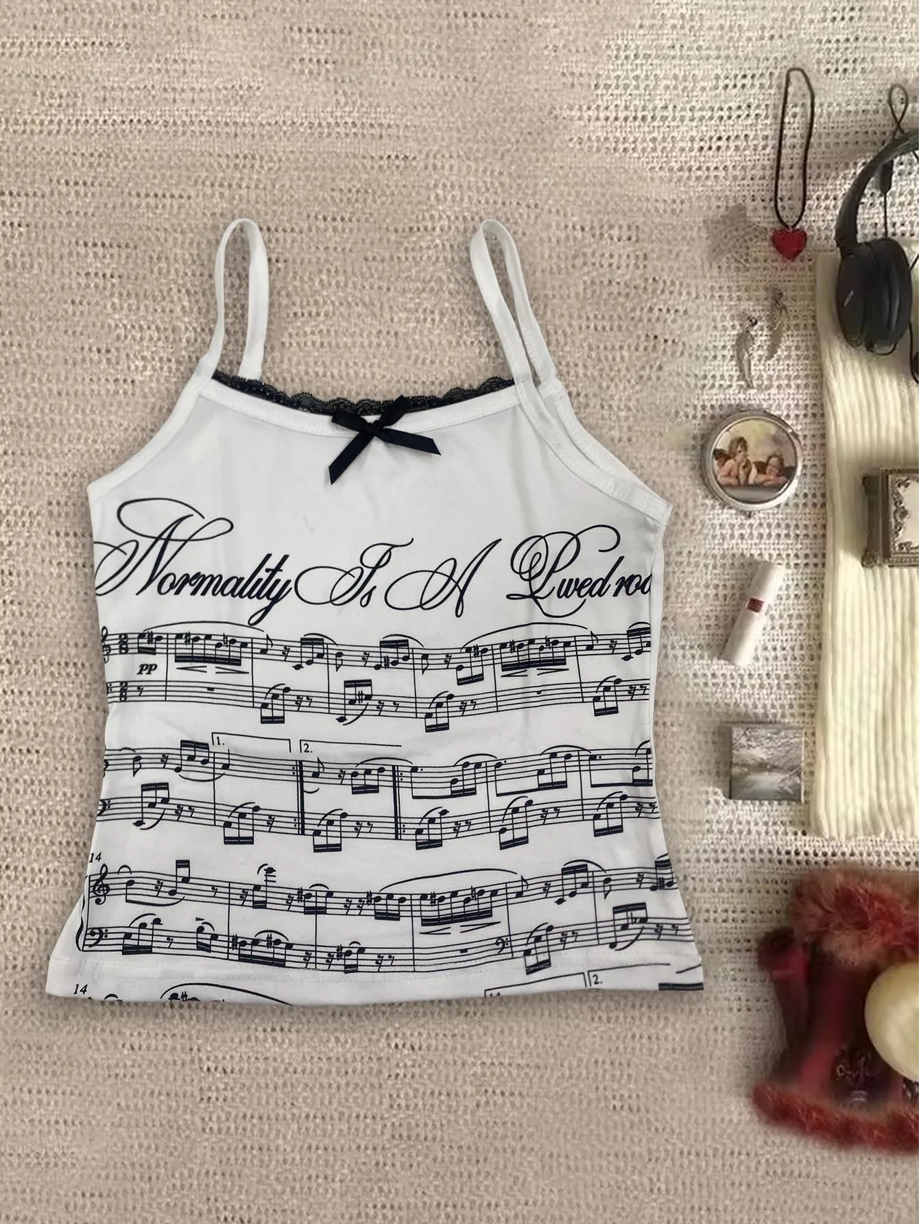 White Sheet Music Letter Print Cami Top With Lace Trim And Black Bow, Slim Sleeveless Tank For Women