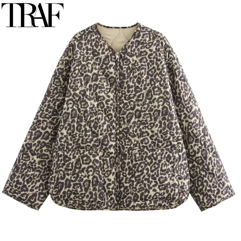 TRAF Parkas Leopard Print Quilted Jacket Women Vintage Long Sleeve Padding Warm Winter Woman Coat Zip Up Short Padded Jacket