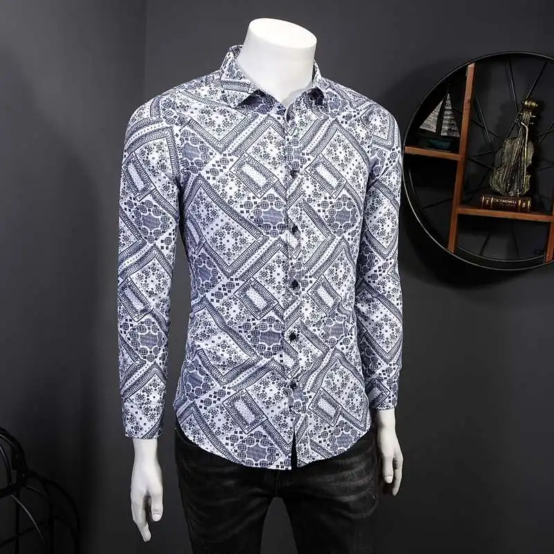 

Повседневная рубашка с длинным рукавом и принтом, воротник-стойка, этнический стиль, большие размеры, модная молодежная осенняя одежда в китайском стиле