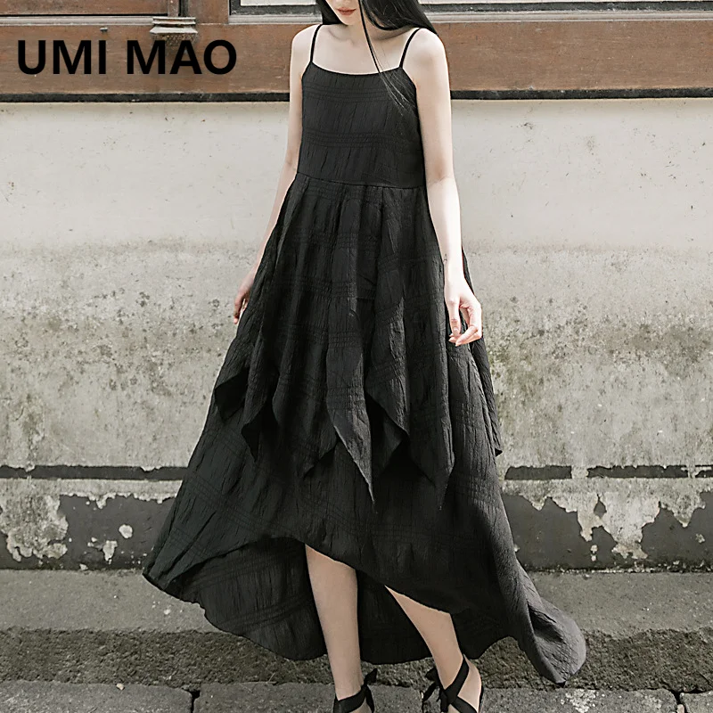 UMI MAO Irregular Spliced Dresses Elegant Spring Summer Short Front And Long Back Flowing Strap Dress For Women