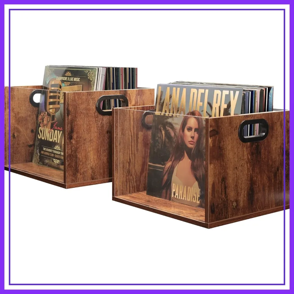 

Vinyl Record Storage Crate 2 Pack, Holds 60 LPs, Acrylic Front Display, Wooden Organizer for Records, Magazines, Books