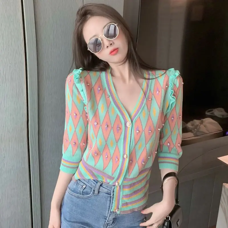 Elegant Fashion Harajuku Slim Fit Female Clothes Loose Casual All Match Outerwear Cardigan Thin Style Short Sleeve Sweaters