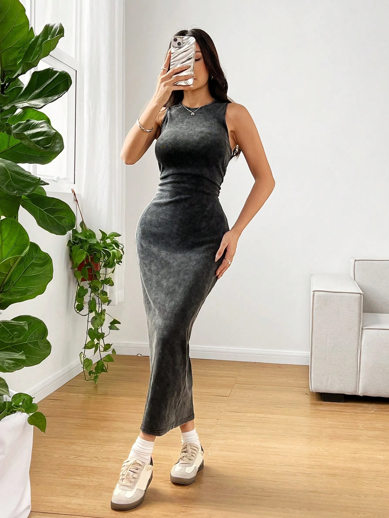 Women's Summer Round Neck Pleated Bodycon Casual Cami Dress,Holiday Outfits,Summer Dresses for Women