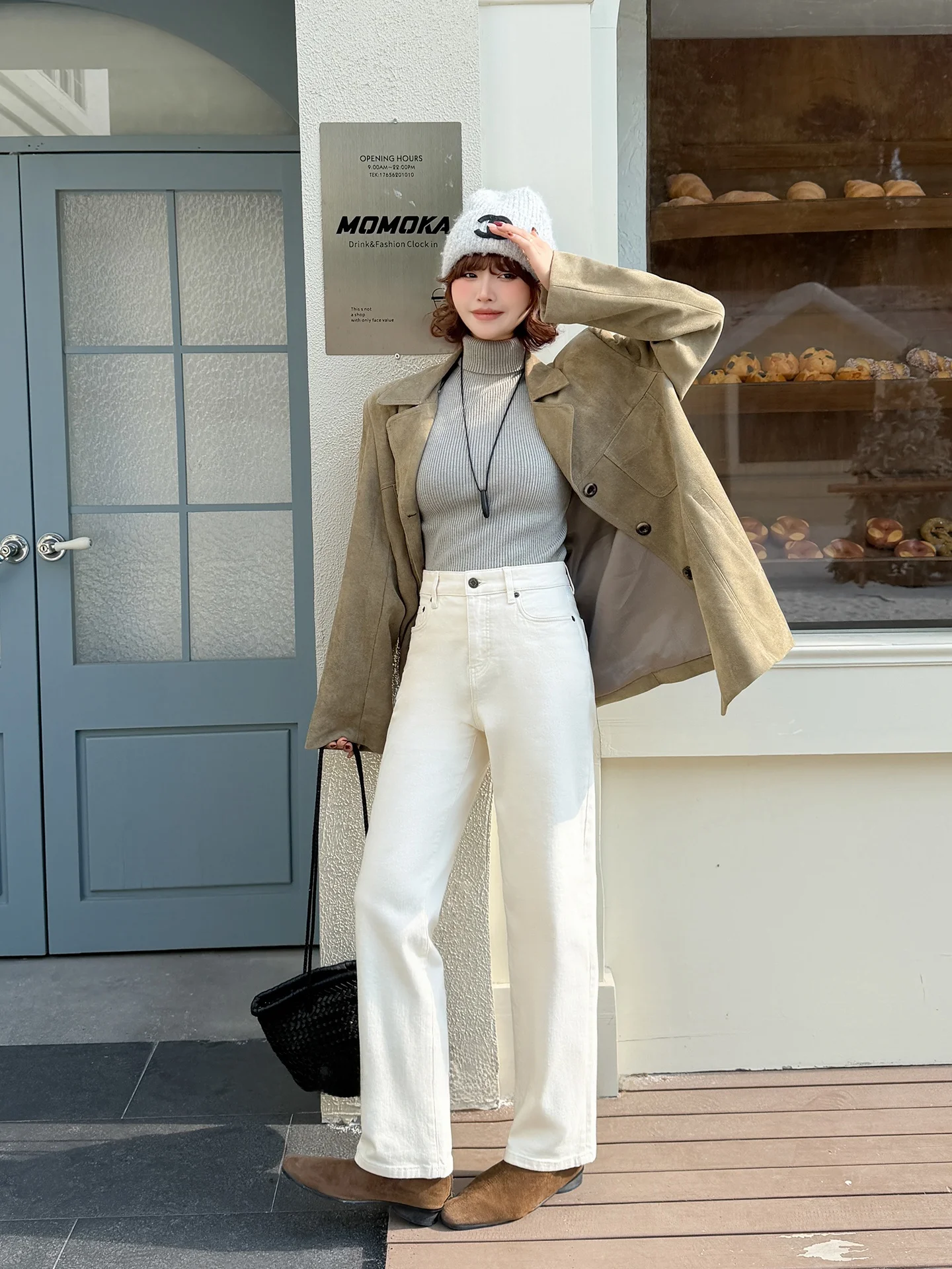 

Белые джинсы-конус с высокой талией, на флисовой подкладке, женские, эластичные, универсальные, из денима, для зимы