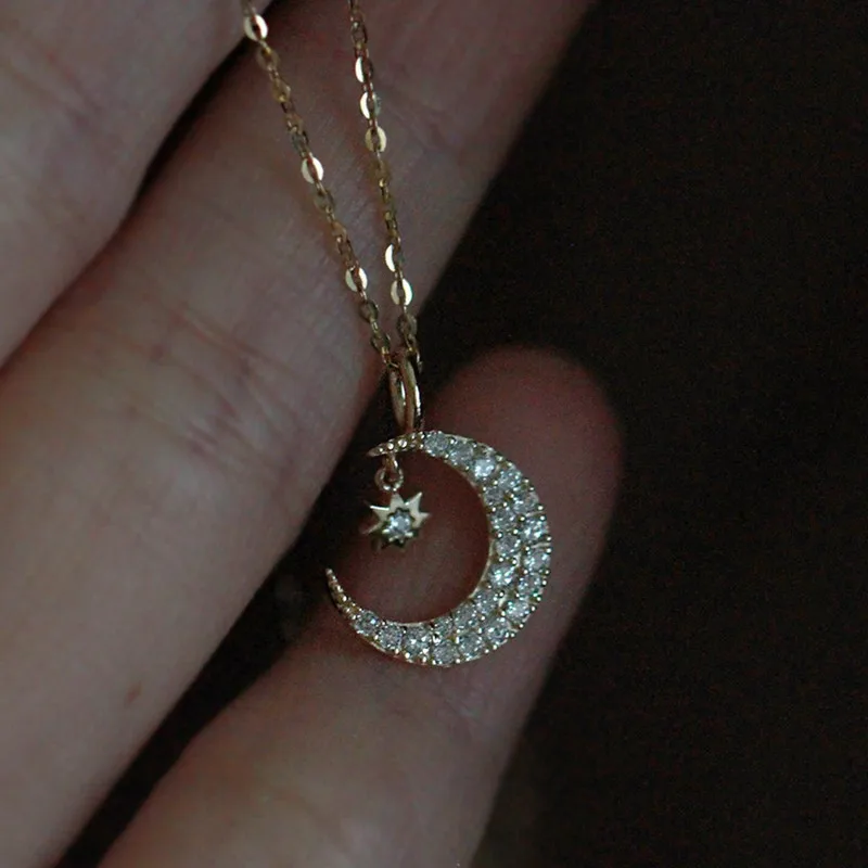 Exquisite Moon Star Shaped Pendant Necklaces for Women Girl Genuine 18K Gold Filled Sterling Silver Chic Choker Birthday Gifts