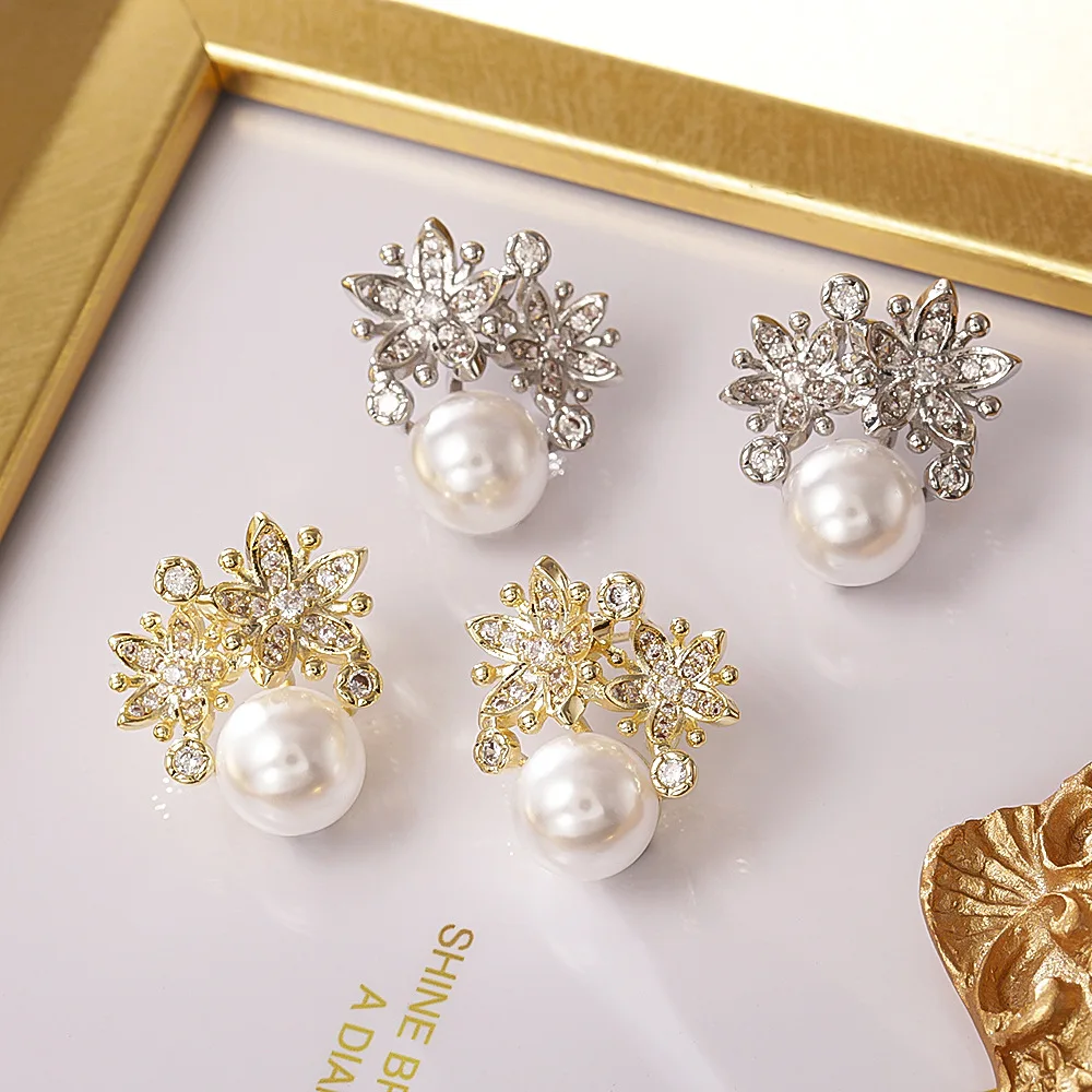 

Fashionable and Exquisite Flower Pearl Earrings Light Luxury Micro-Inlaid Zirconia Earrings Women's High-End Elegant Earrings