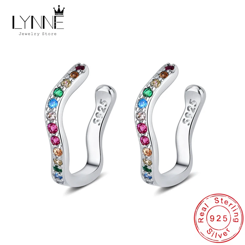 

﻿Fashion C Shape Wave Colorful Rhinestone No Hole Clip Earrings Women Jewelry Gift 925 Sterling Silver U Type Zircon EarCuff
