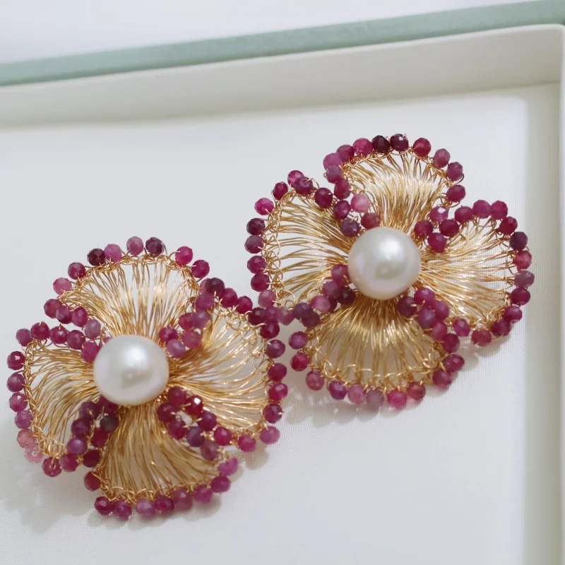 مجوهرات SGARIT الرائجة ذاتية الصنع 14 قيراط مملوءة بالذهب الطبيعي واللؤلؤ المستدير وزهرة الياقوت مجوهرات للحفلات النسائية #2