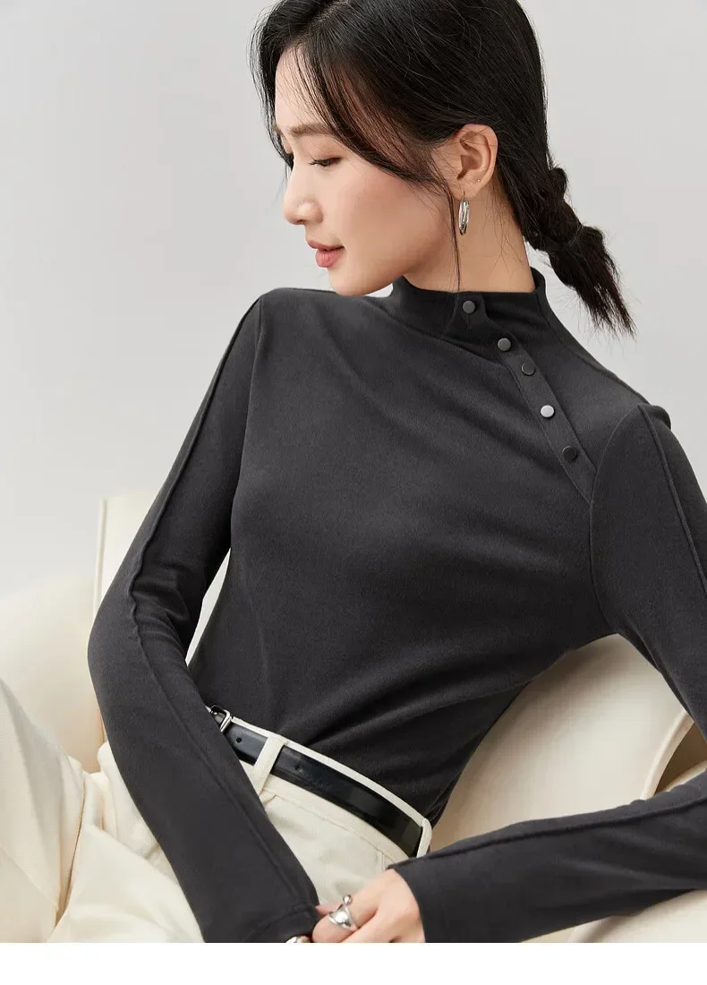 SENTUBILA Autumn Winter Cotton Knitted T-shirts Casual Slim Basic Half High Neck Long Sleeve Pullovers Women Clothing 143S56790