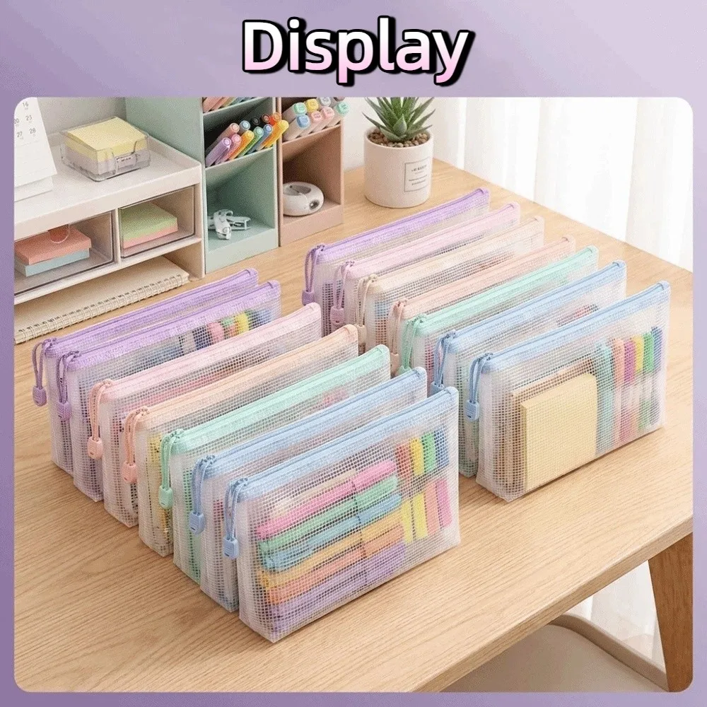 New A4 Size Mesh Zipper Bags Clear Macaron Color Plastic File Organizer Grid Morandi Color File Pouch School