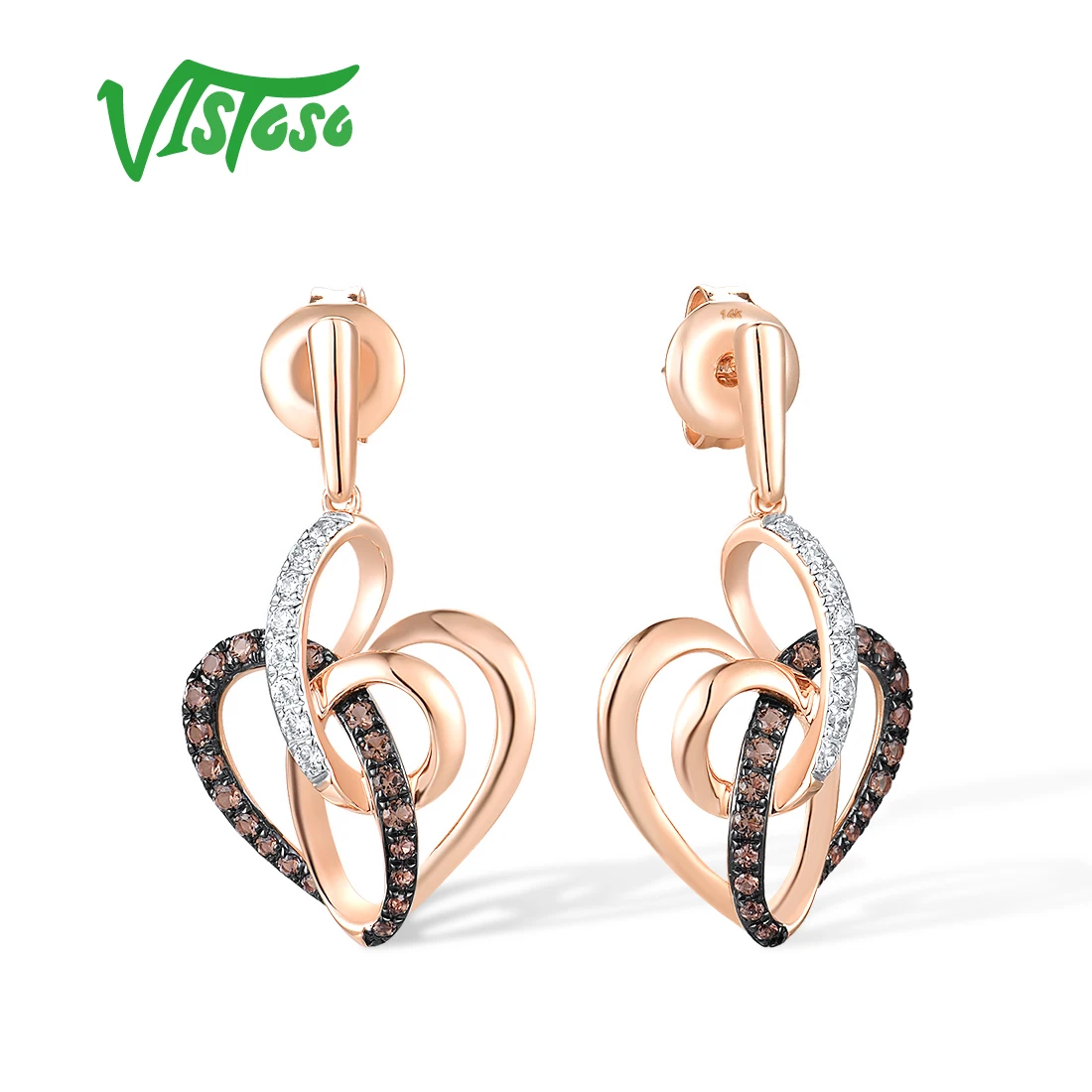 VISTOSO Real 14K 585 Rose Gold Earrings For Women Sparkling White Brown Diamonds Sweet Heart Dangling Daily Gifts Fine Jewelry