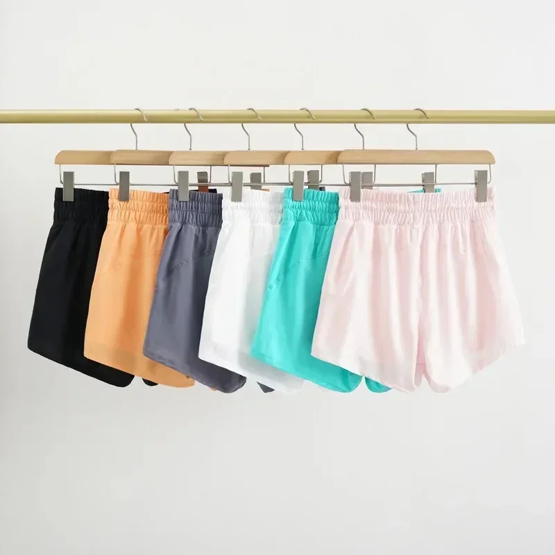 Shorts de corrida com limão médio crescimento forrado para mulheres, shorts esportivos leves com cintura de cordão, bolsos que absorem o suor, secagem rápida, 5 polegadas