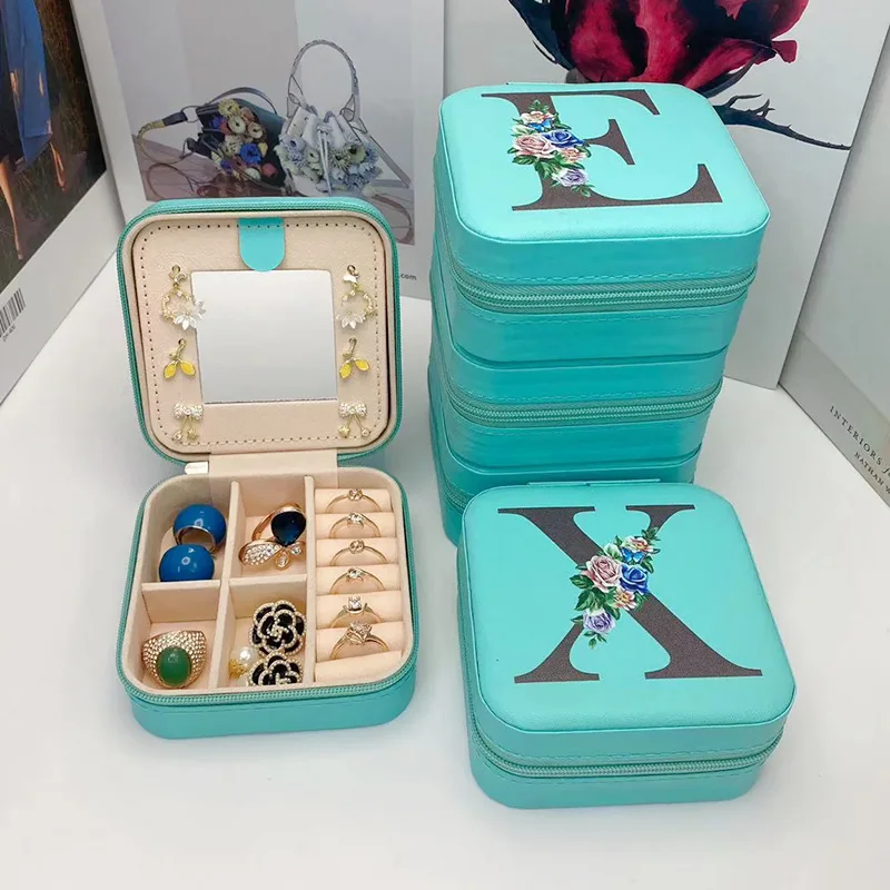 New Creative Letter Jewelry Box with Mirror Portable Travel Ring Necklace Earrings Stud Earrings Earring Blue Square Storage Box