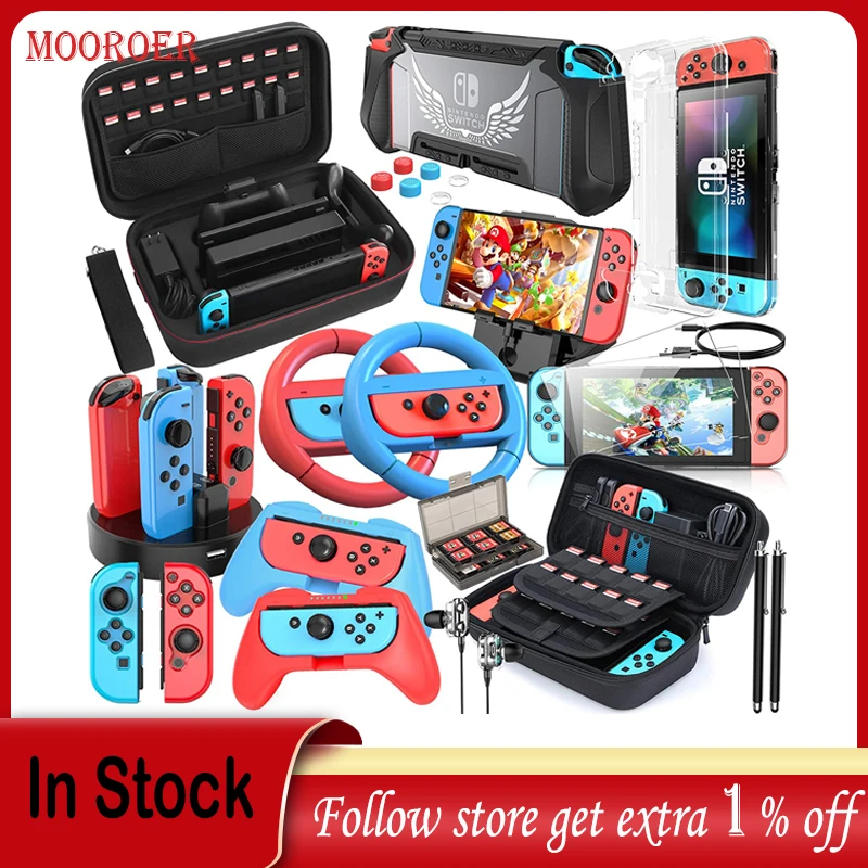 

Mooroer Compatible with Nintendo Switch Case 25 in 1 Switch Accessories Gift Kit Joycon Charger, PlayStand Game Card Box etc.