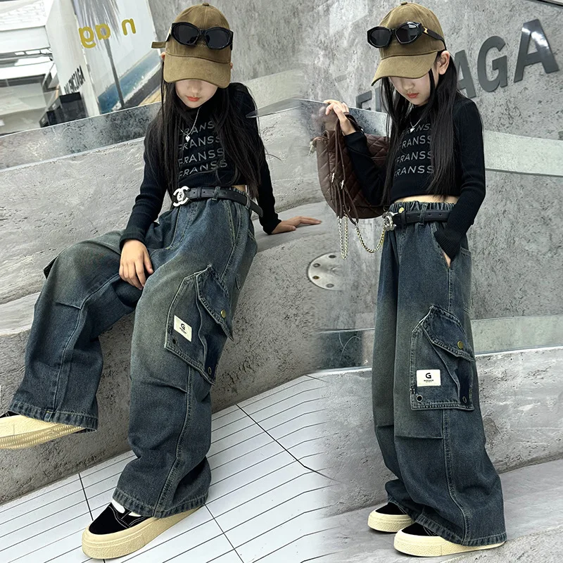 

Cargo Jeans for Teenage Girls 2024 Autumn Loose Casual Elastic Waist Children Wide Leg Pants Design Streetwear Kids Trousers