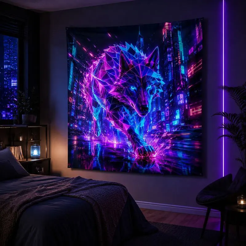 VIKAMA Neon Geometric Wolf Tapestry Wall Hanging Purple Blue Cyberpunk City Night Gamer Aesthetic Wall Art Bedroom Decor