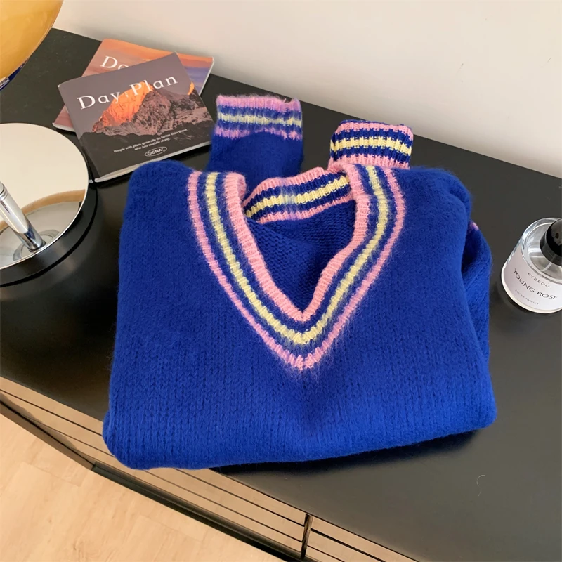 Maglione pullover a maniche lunghe con scollo a V blu da donna Harajuku anni 2000 Y2k stile coreano autunno e inverno nuovo maglione morbido e pigro
